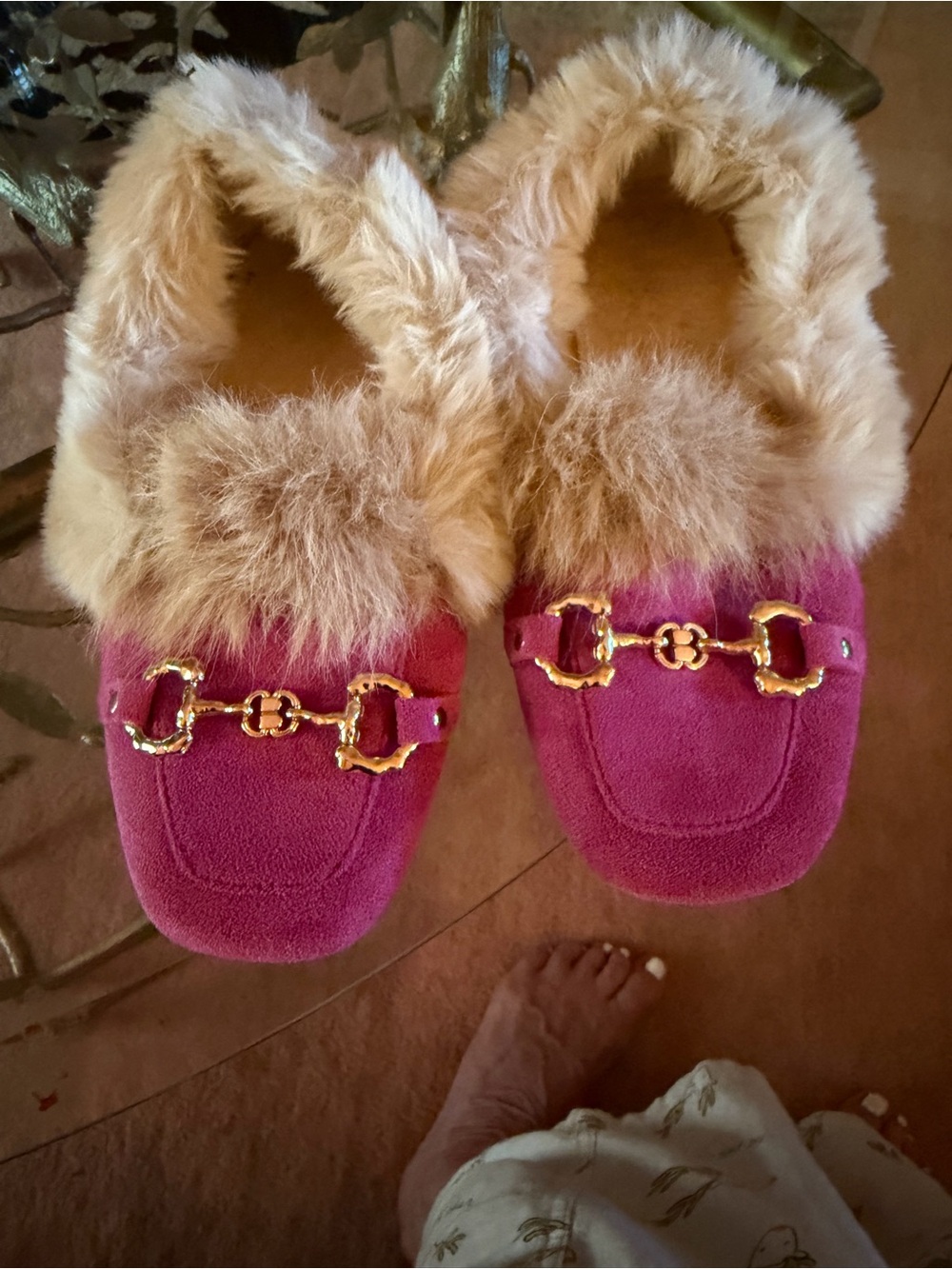 Designer inspired Plush Pink Faux-Fur Lined Slip-On Mules